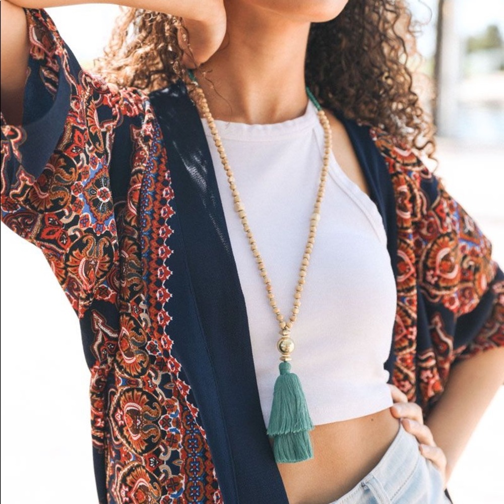 Bohemian Beaded Tassel Necklace in Turquoise/Teal